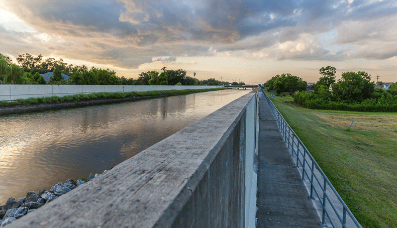 The London Avenue Canal, which takes rainwater from New Orleans to Lake Pontchartrain. Katrina's waters breached it, causing considerable destruction and fatalities.