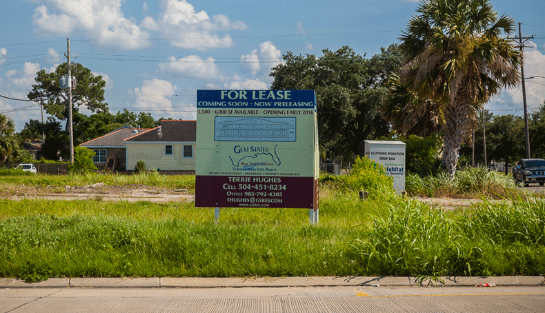 Land for lease in the Little Woods neighborhood of New Orleans.