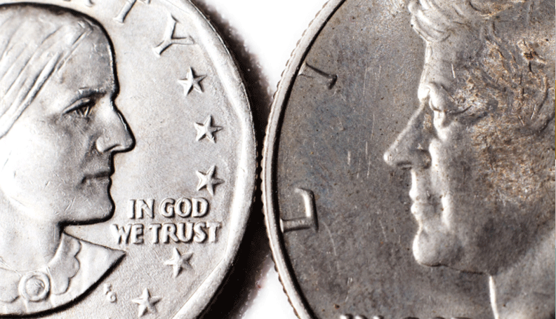 detail of Susan B. Anthony and President Kennedy coins