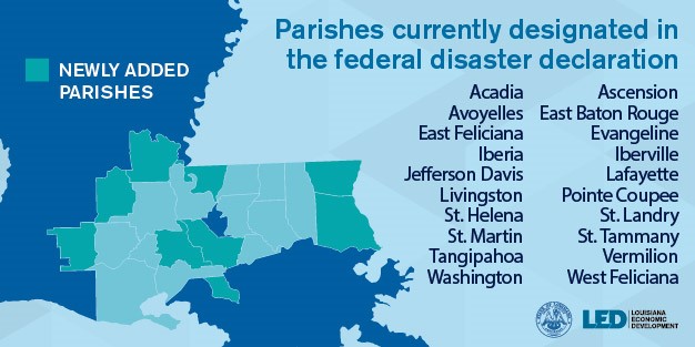 Map of Louisiana parishes currently designated in the federal disaster declaration (courtesy of Louisiana Economic Development)