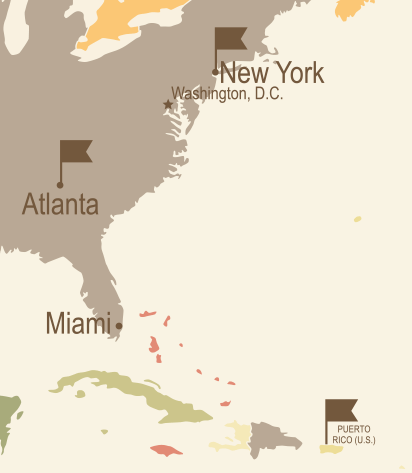map of eastern United States showing the locations of New York, Atlanta, and Puerto Rico
