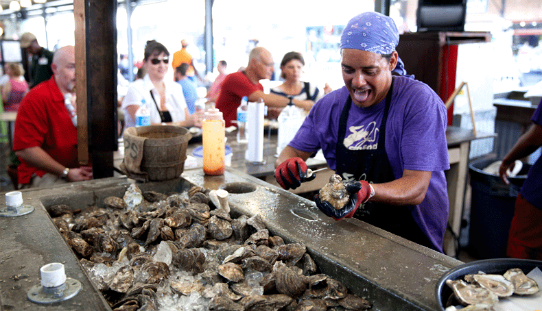 Shucking oysters in the French Quarter