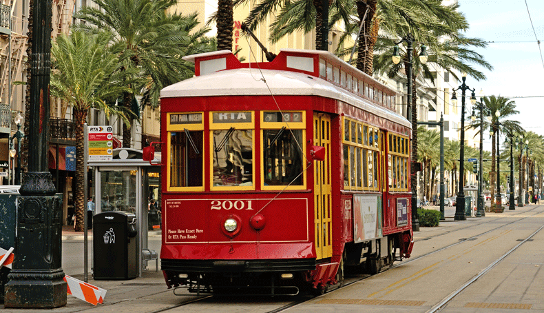 A streetcar serving Canal Street in downtown New Orleans