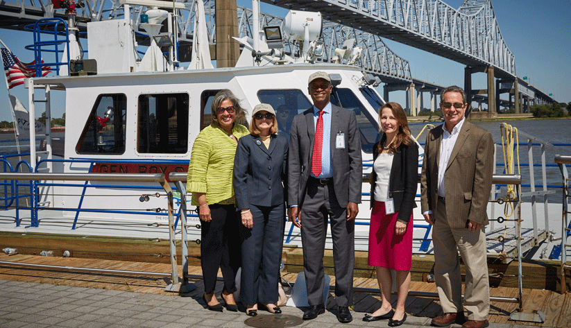 At the Port of New Orleans (left to right): Tara Carter Hernandez, president of JCH Properties and the commissioner of the Port of New Orleans; Gail Psilos, director of the Regional Economic Information Network at the Atlanta Fed’s New Orleans Branch; Atlanta Fed President Raphael Bostic; New Orleans Branch Regional Executive Adrienne Slack; and Bobby Landry, commerce chief of the Port of New Orleans. Photo by David Fine