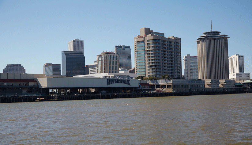 A view of downtown New Orleans from the Mississippi River. Photo by David Fine