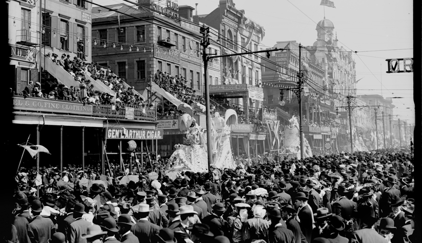A scene from New Orleans’s legendary Mardi Gras parade, ca. 1890–1910. Photo courtesy of the Library of Congress photographic archives