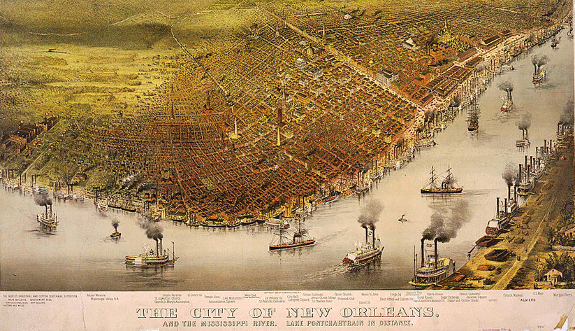 A birds-eye perspective on New Orleans ca. 1885, with the Mississippi River in the foreground. Image courtesy of the Library of Congress photographic archives