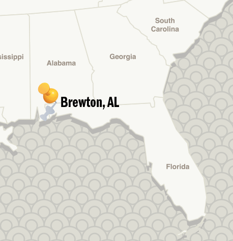 map showing the location of Brewton, Alabama