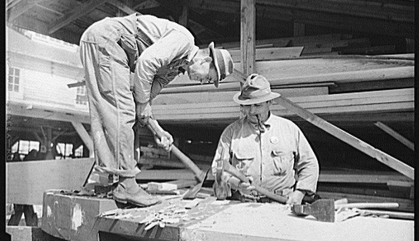 Jacksonville became a shipbuilding center during World War II. In 1942, two former house carpenters became shipbuilders as they worked on a minesweeper in a Jacksonville shipyard. Photo courtesy of the Library of Congress photographic archives