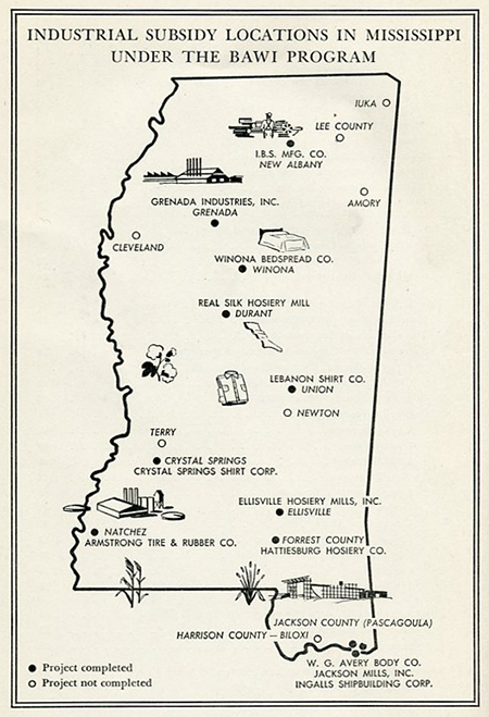 Map from a 1944 Atlanta Fed report showing locations of the 12 companies the BAWI program brought to Mississippi.