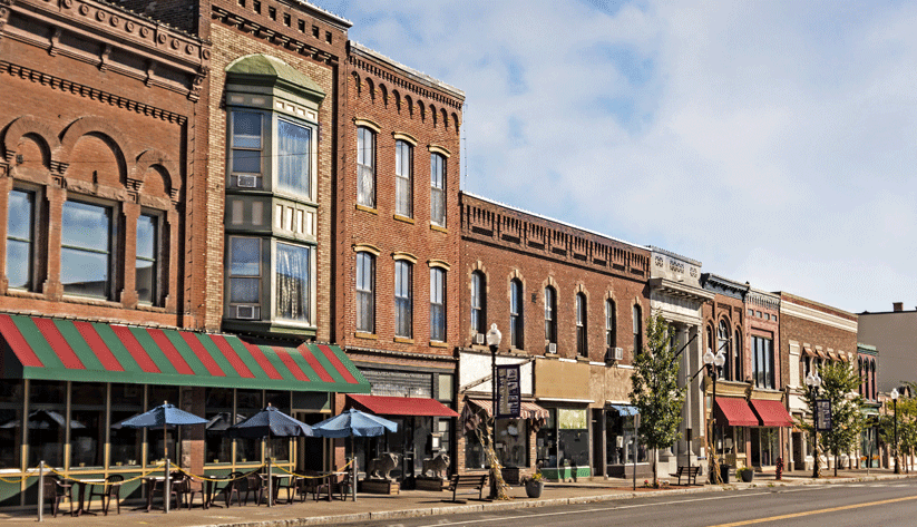 photograph of brickfront buildings on a small town street