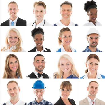 faces of a group of people in different types of jobs, in a grd, all facing the viewer