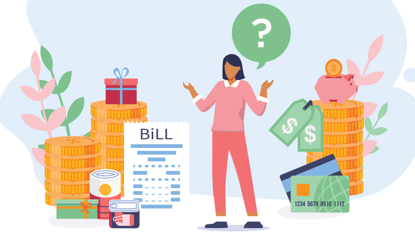 illustration of a woman holding up her hands with a question mark above her head, surrounded by stacks of coins, a bill, gifts, a piggy bank, and credit cards