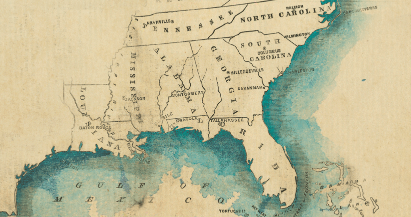 southeastern United States stylized as a colonial-era watercolor map