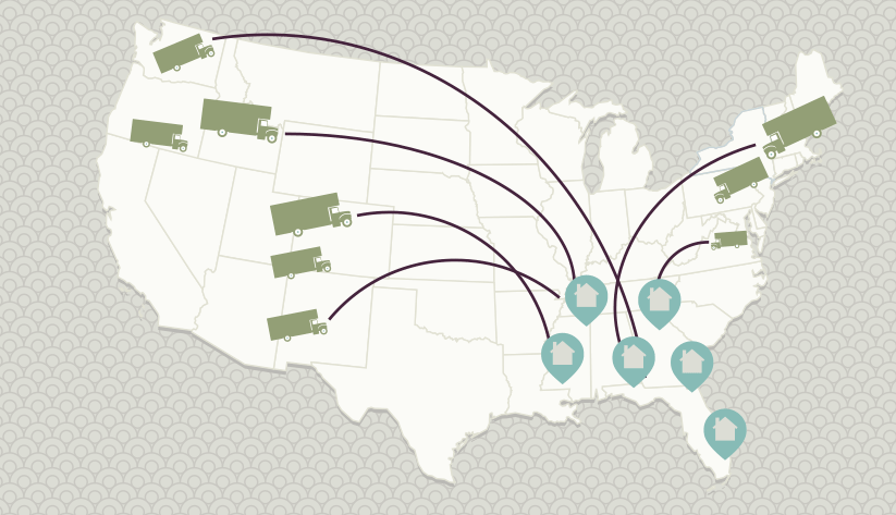 illustration of moving trucks with lines pointing to cities in the Southeast
