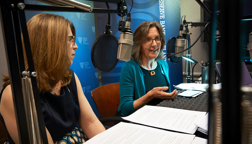 Claire Green, a payments risk expert, and Nancy Donahue, a project manager, both of the Atlanta Fed's Retail Payments Risk Forum, during the recording of a podcast episode.