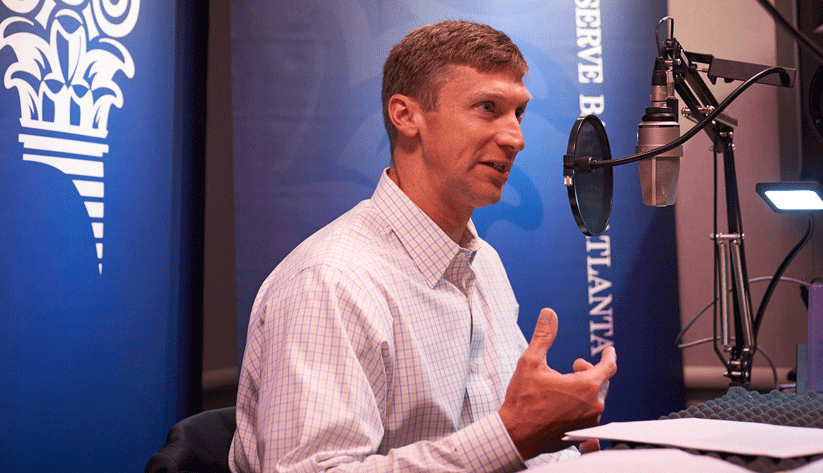Douglas A. King, a payments risk expert in the Retail Payments Risk Forum at the Atlanta Fed, during the recording of a podcast episode.