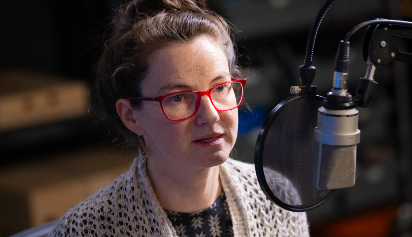 Photo of Sarah Stein during the recording of the podcast episode. Photo by Stephen Nowland.