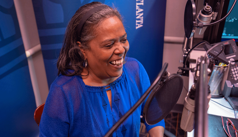 Cynthia Goodwin, a vice president in the Atlanta Fed's Supervision, Regulation, and Credit division, during the recording of a podcast episode.